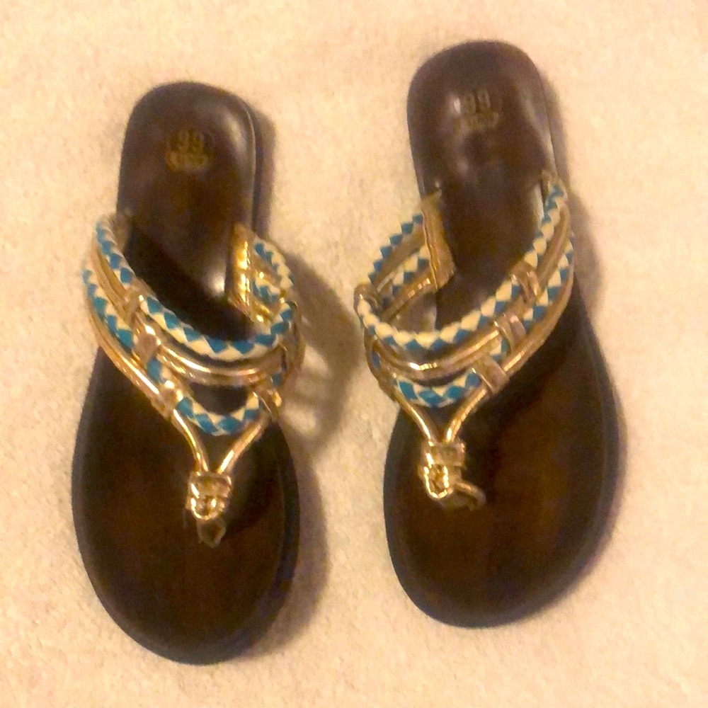 Route 66 Ladies gold blue and white sandals